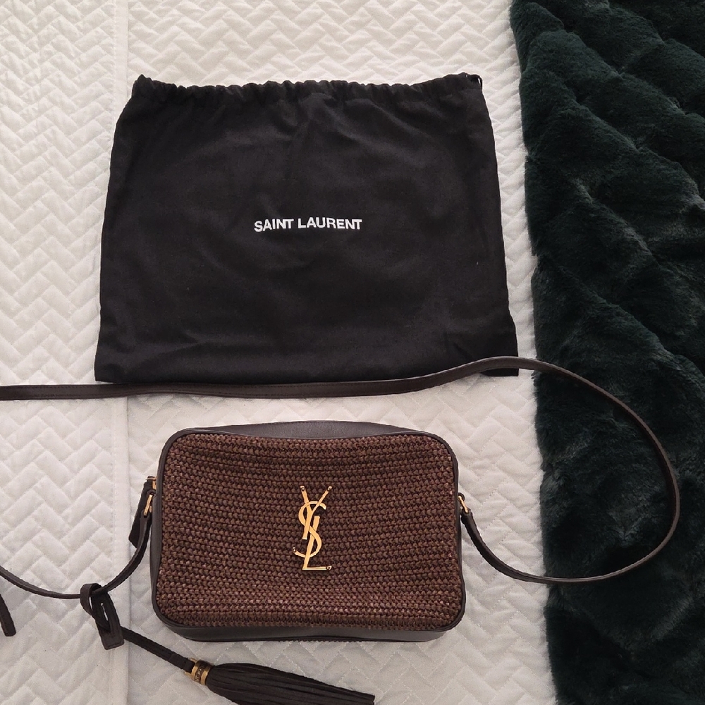 Saint Laurent Raffia Lou Lou Camera Bag In Brown Crossbody w/ Gold Logo Hardware